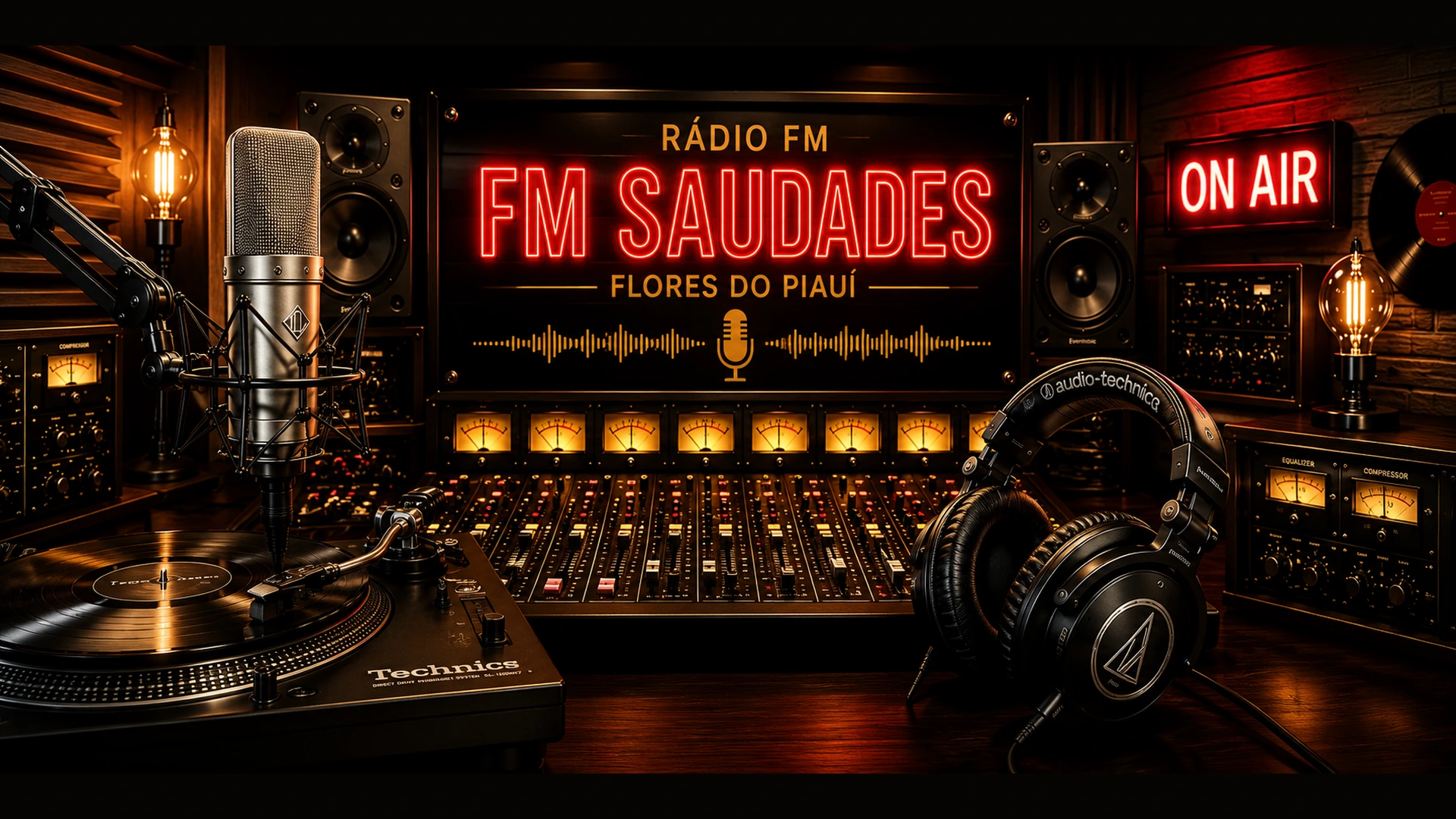Estúdio profissional da Rádio FM Saudades